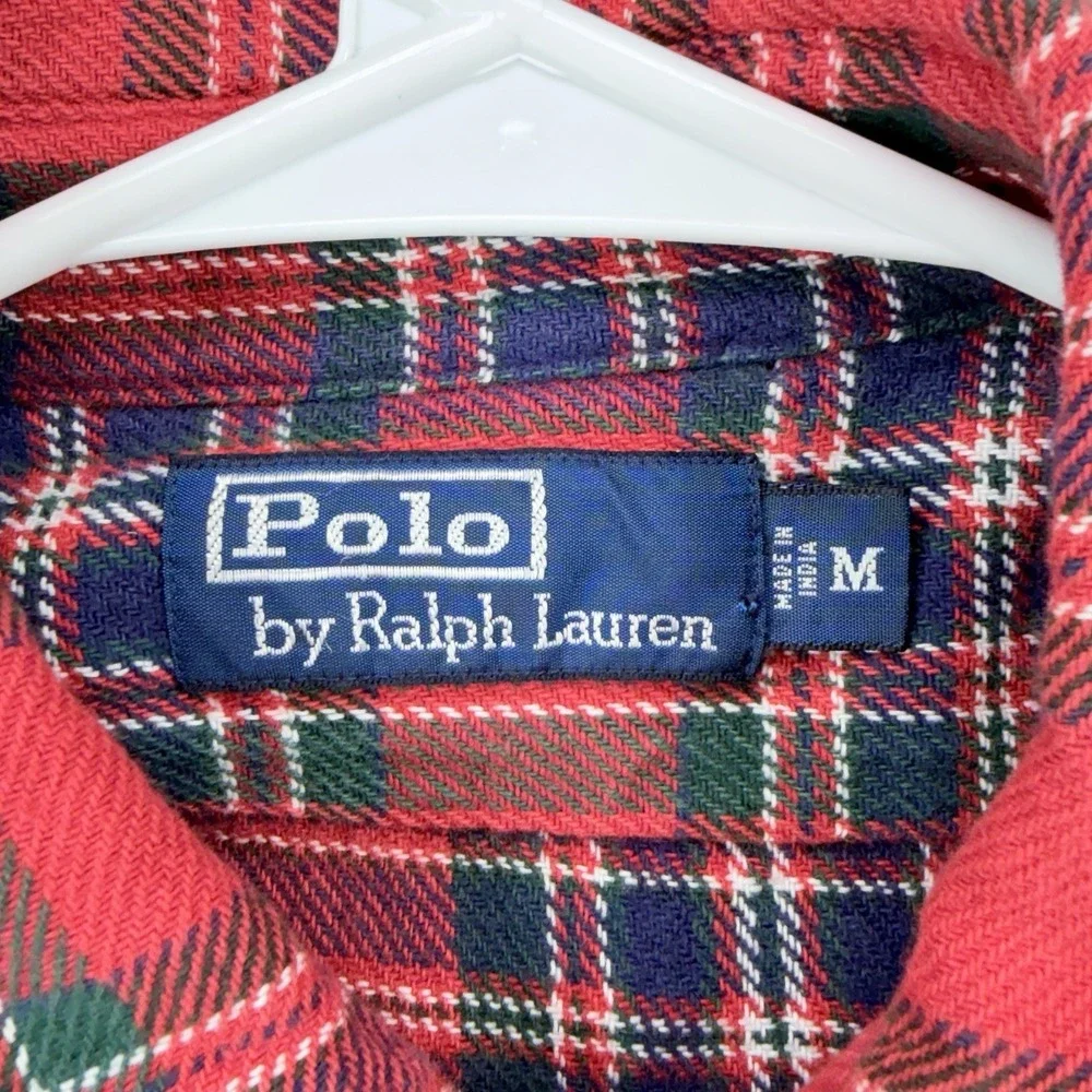 Vtg Polo Ralph Lauren Tartan Plaid Flannel Shirt Mens Medium Red Heavyweight Y2K